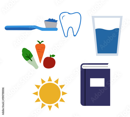 Healthy daily habits and lifestyle icons vector set