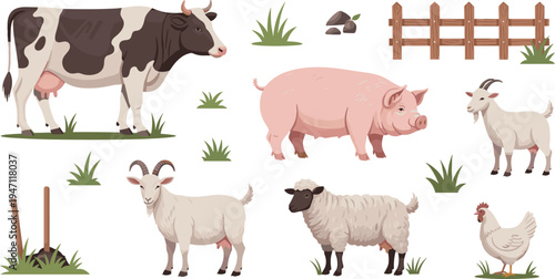Farm Animals Cartoon Collection with Cow, Pig, Goat, Sheep, Chicken, Fence, and Grass Elements for Agriculture, Farming, and Kids Educational Illustration Design