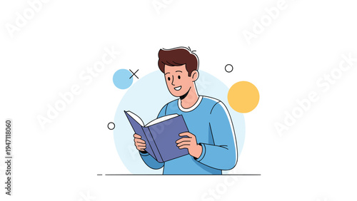 Young man immersed in reading blue book against simple circular background symbolizing education and lifelong learning.