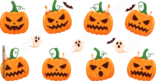 Halloween Pumpkin Jack O Lantern Collection with Scary Carved Faces, Candles, Bats, and Ghosts for Spooky Holiday Decoration and Festive Design