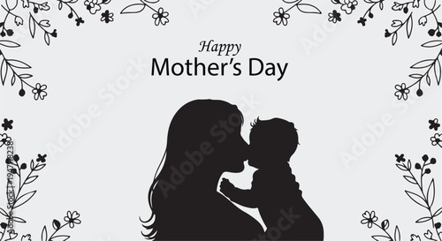 Illustration of happy mothers day greeting card with mother and child silhouette