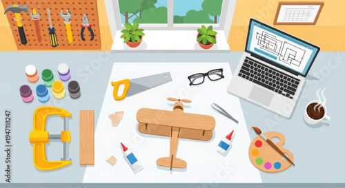 Creative workspace with tools and laptop on desk for diy project and crafting