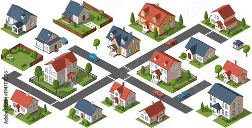 Isometric Suburban Neighborhood House Set with Residential Homes, Streets, Cars, Trees, and Urban Blocks for Real Estate, City Map, and Architecture Design