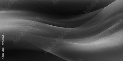 Smooth black satin fabric creates a flowing wave design with dark silk textures and soft blue light curves in this elegant motion backdrop