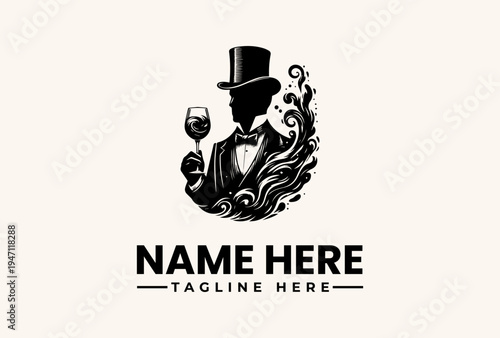 A sophisticated logo featuring a top-hatted gentleman with a wine glass and floral design on a clean white background, including placeholder text for a name and tagline.