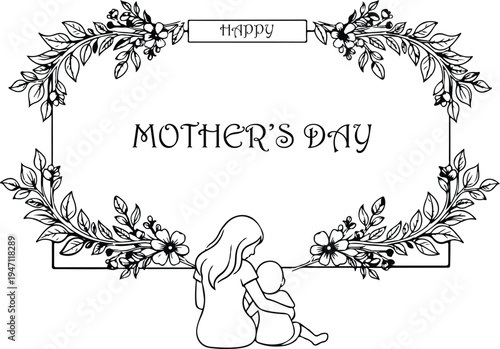 Mother's day illustration with floral wreath and happy family