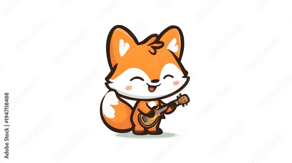 Fototapeta premium Cute cartoon fox playing ukulele with happy expression.