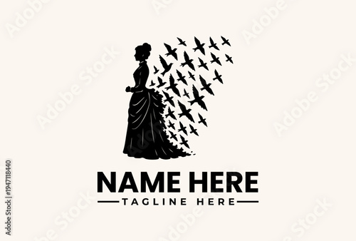 A logo design featuring a silhouette of a woman in a long dress with birds flying out, set against a clean white background with a placeholder name and tagline.