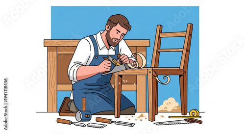 Craftsman woodworking creating furniture with tools and wood in a workshop environment with blue background
