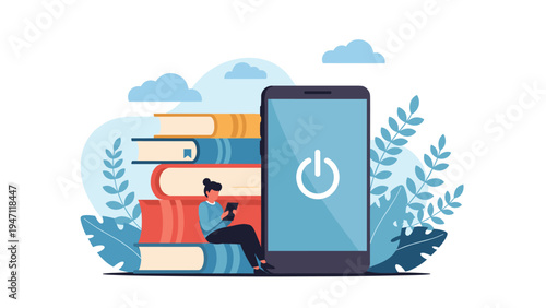 Woman reading on stack of giant books next to large mobile phone with power icon depicting digital versus print media.