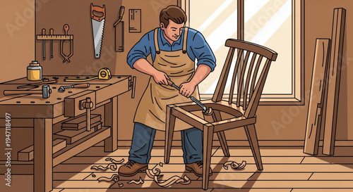 Craftsman working on wooden chair in a workshop with tools and wood shavings on the floor and a window