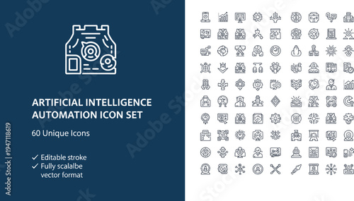 Artificial intelligence automation line icon set with machine learning technology symbols for web apps interfaces presentations and digital products