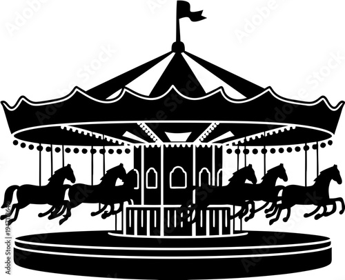 Carousel Merry Go Round Silhouette Vector, Amusement Park Carousel Ride with Horses Silhouette