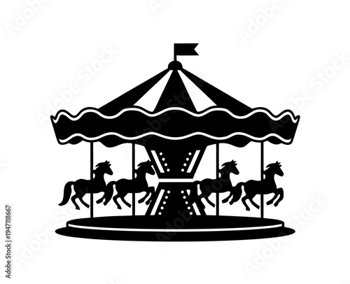 Carousel Merry Go Round Silhouette Vector, Amusement Park Carousel Ride with Horses Silhouette