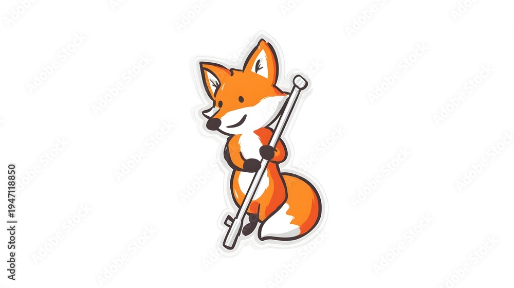 Fototapeta premium Cute cartoon fox character holding a stick, vector illustration.