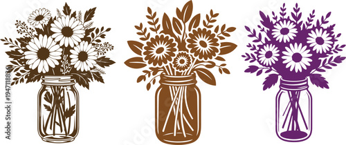 Beautiful Daisy Flower Bouquets in Mason Jars Vector Illustration Set