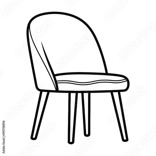 Modern chair with curved back and cushioned seat in minimalist black line art on white background for interior design and furniture concepts
