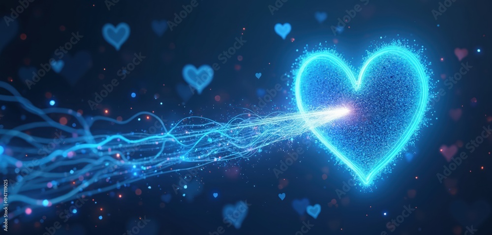 Fototapeta premium Abstract blue heart glows with data streams flowing into it. Digital energy pulses connect like nerves. Love data transfer, cyber connection, virtual romance themes.