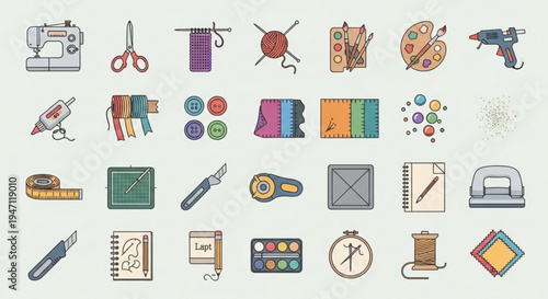 Colorful assortment of crafting and diy tools icons on light background for creative projects and hobbies