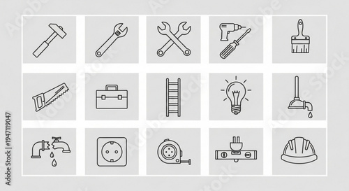 Collection of 20 line icons for construction tools and industry on gray background
