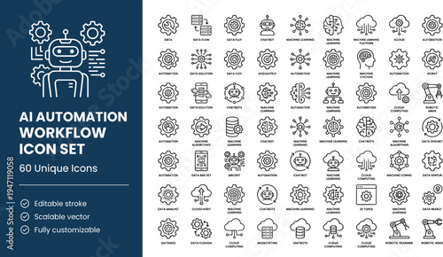 Artificial intelligence automation workflow line icon set with robotics machine learning analytics process technology symbols