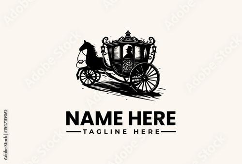 A black vector illustration of a horse-drawn carriage with a crowned top, accompanied by placeholder text for a name and tagline on a plain beige background.
