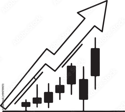 "Upward candlestick chart vector illustration with bold curved arrow symbolizing bullish market growth and financial success"