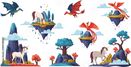 Fantasy Floating Island Creature Collection with Dragons, Phoenix Birds, Unicorns, Magical Mountains, and Mythical Landscape Elements for Game and Fairytale Illustration Design