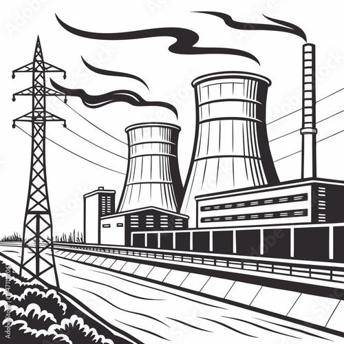 A nuclear power plant with cooling towers and transmission lines