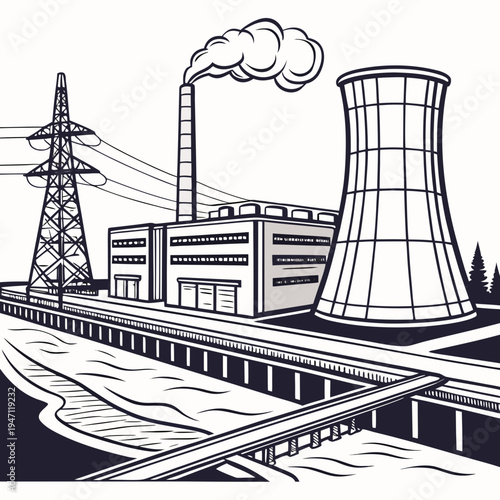 A nuclear power plant with a cooling tower and transmission lines