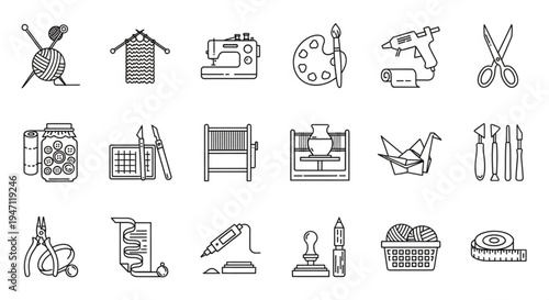 Black line icons for sewing crafting and diy projects on white background including tools and supplies