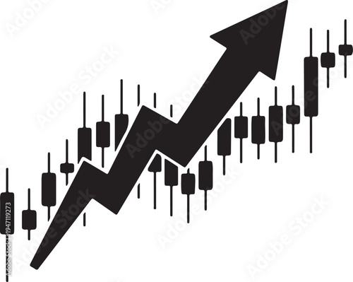 "Upward candlestick chart vector illustration with jagged arrow symbolizing bullish market growth and financial success"