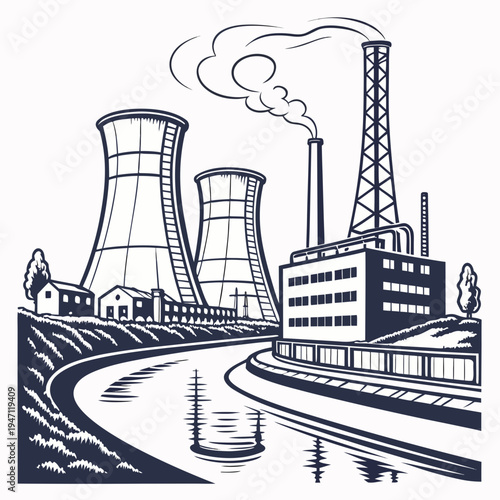 A nuclear power plant with cooling towers and a smokestack