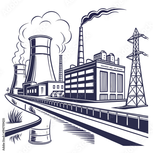 A factory with smokestacks and a power line