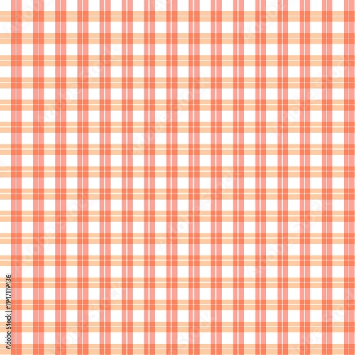 Seamless red coral and white checkered pattern. Bright gingham plaid background for kitchen decor, fabric, wallpaper, and summer picnic themes. Classic tablecloth textile.