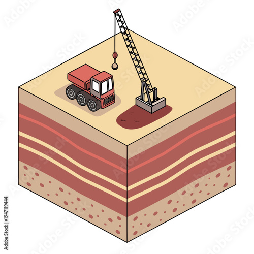 A red truck operates a drilling rig on a layered soil block