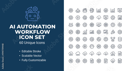 Artificial intelligence automation workflow line icon set with robotics analytics cloud computing process technology