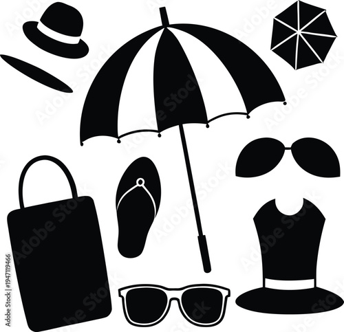 Summer beach essentials set umbrella sunglasses.