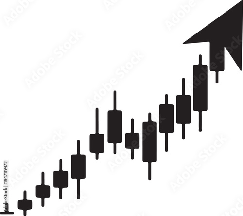 "Upward candlestick chart vector illustration with arrow symbolizing bullish market trend and financial growth"