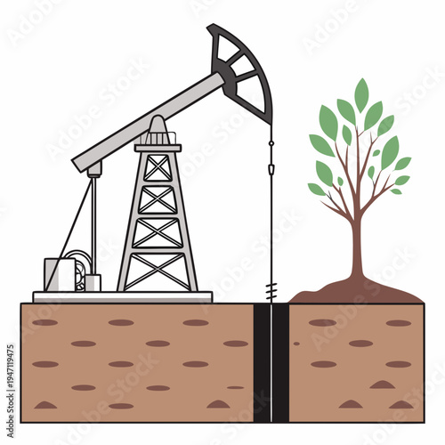 Oil pump next to a tree growing in the ground