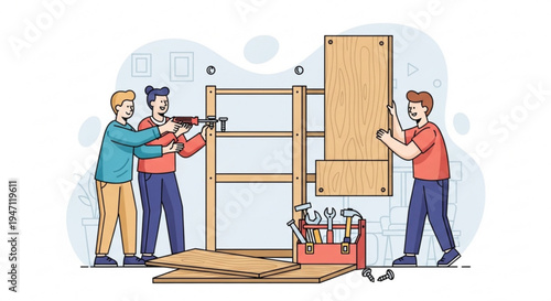 Three men assembling furniture with power drill and tools teamwork in home renovation project