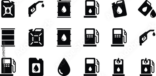 Gas Station Fuel and Oil Vector Icon Set Featuring Jerry Cans, Petrol Pumps, Barrels, and Drop Symbols for Energy Industry Design Projects and Illustrations