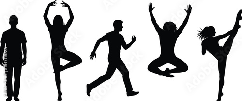 Active people silhouettes set with standing running jumping and dancing figures fitness movement isolated black human poses