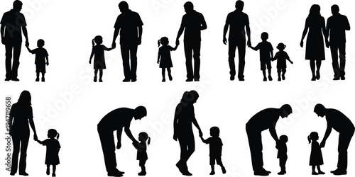 Adult and child silhouettes, family relationship figures, caregiving poses illustration, nurturing connection art, black silhouettes design, parenting icons, vector family activity