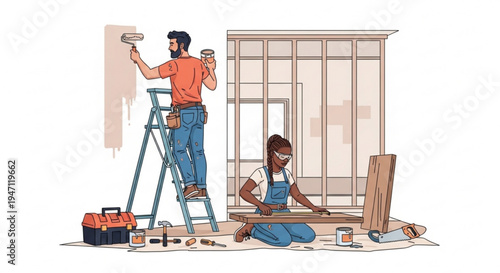 Two workers renovating interior with paint and tools on ladder and floor