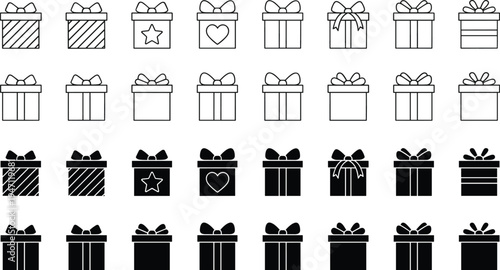 Gift Box Icon Set, Vector Illustration Collection Featuring Various Present Designs in Outline and Silhouette Styles for Birthday, Holiday, and Celebration Projects