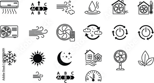 Air conditioning and climate control icons set, HVAC system vector artwork, ventilation illustration, temperature regulation design, energy efficiency concept