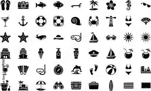 Summer beach icon set, tropical vacation silhouette collection, travel sea holiday elements, flat vector illustration for tourism web design, sun ocean leisure symbols