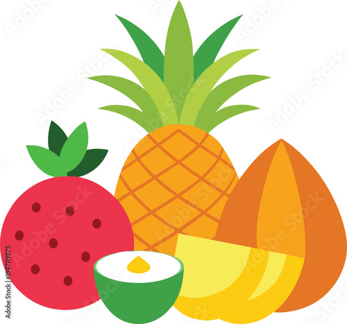 Fresh tropical fruits set Pineapple Watermelon vector illustration