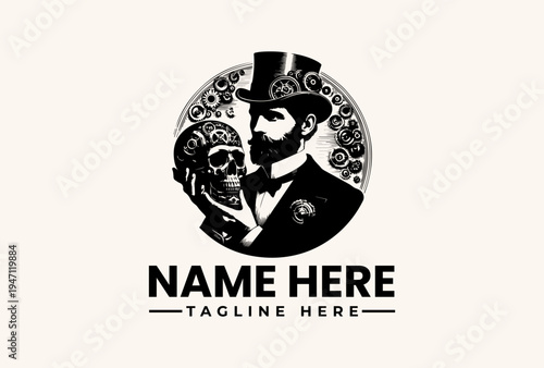 A logo featuring a stylized illustration of a man in a top hat and suit with a skull, surrounded by ornate patterns, on a beige background with space for a name and tagline.